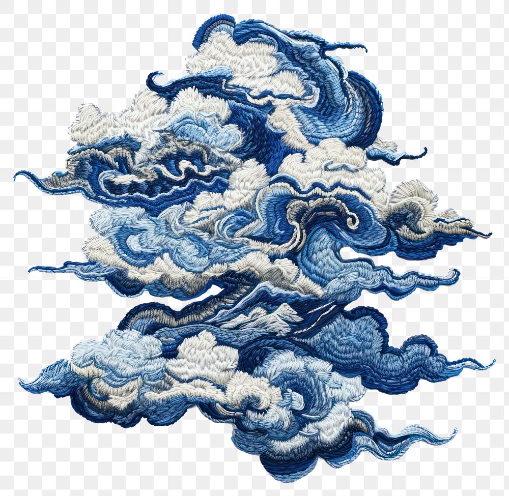 PNG  Navy Japanese Cloud mass embroidery pattern art.