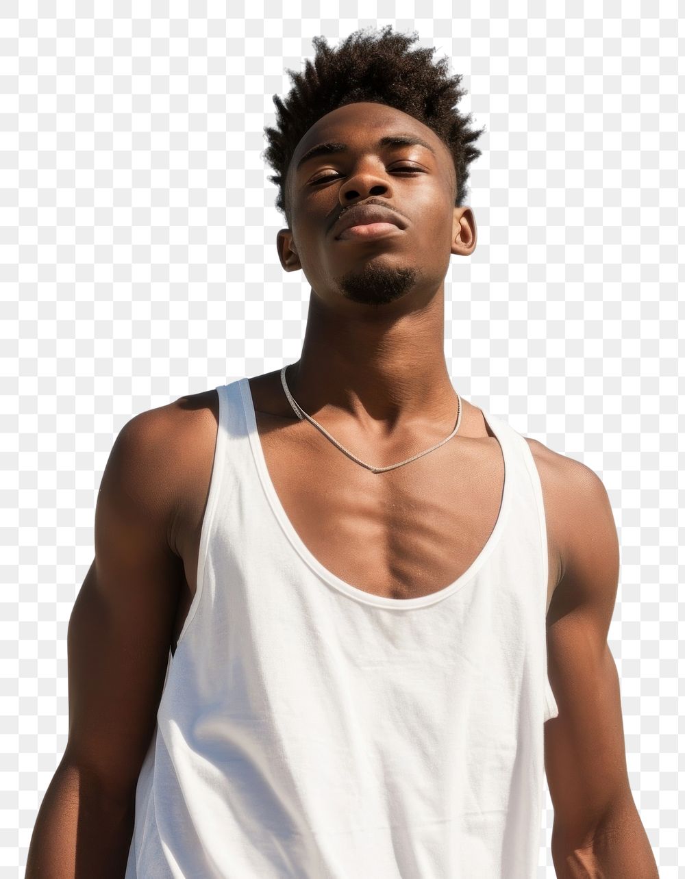 PNG Black man wearing white tank top beach contemplation tranquility.