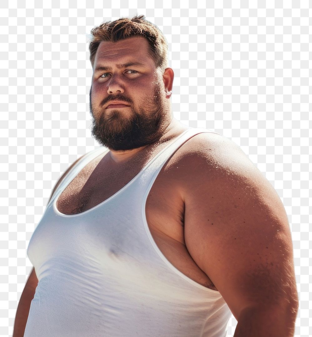 PNG Fat man wearing white tank top summer adult beach.