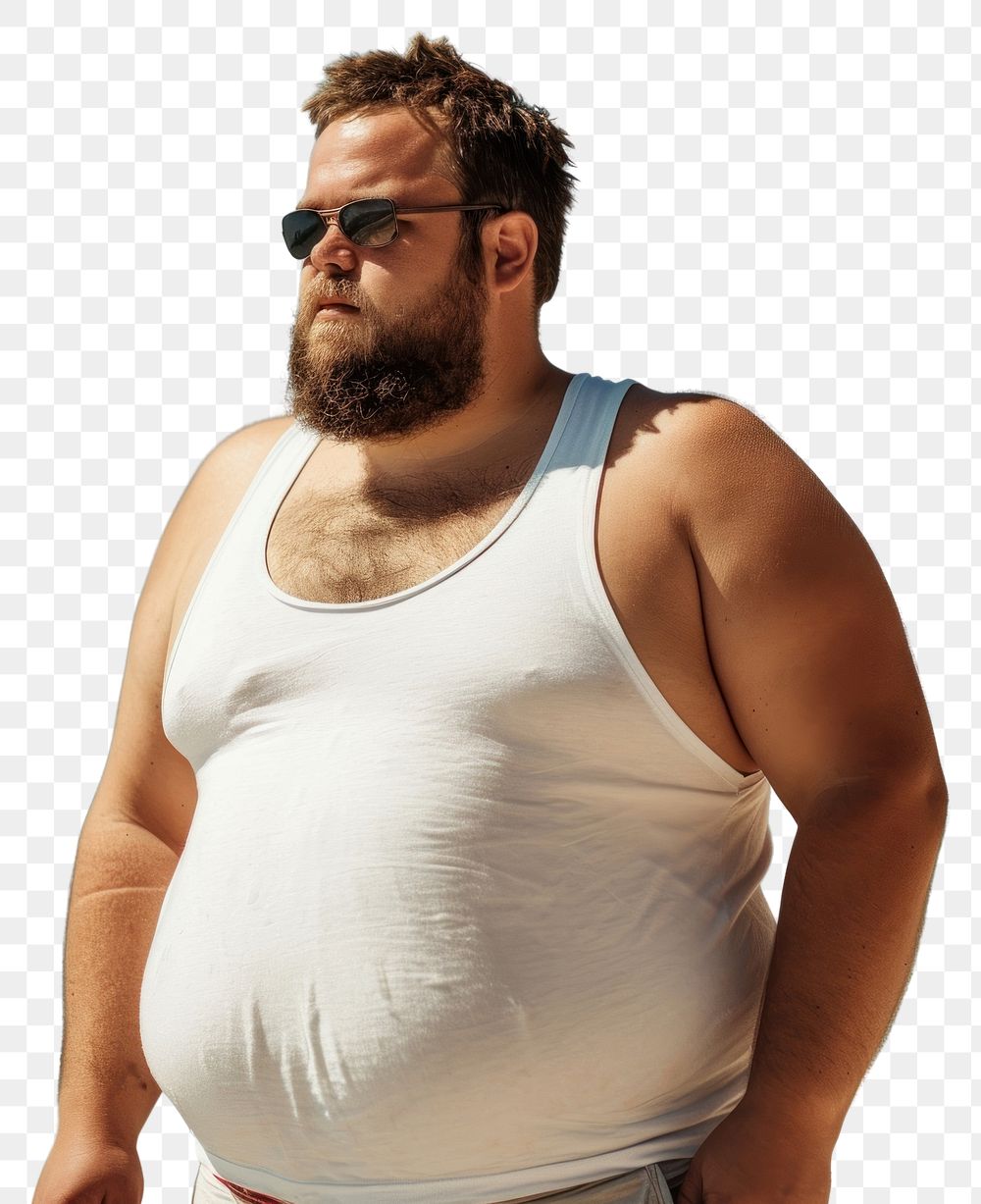 PNG Fat man wearing white tank top summer beach adult.