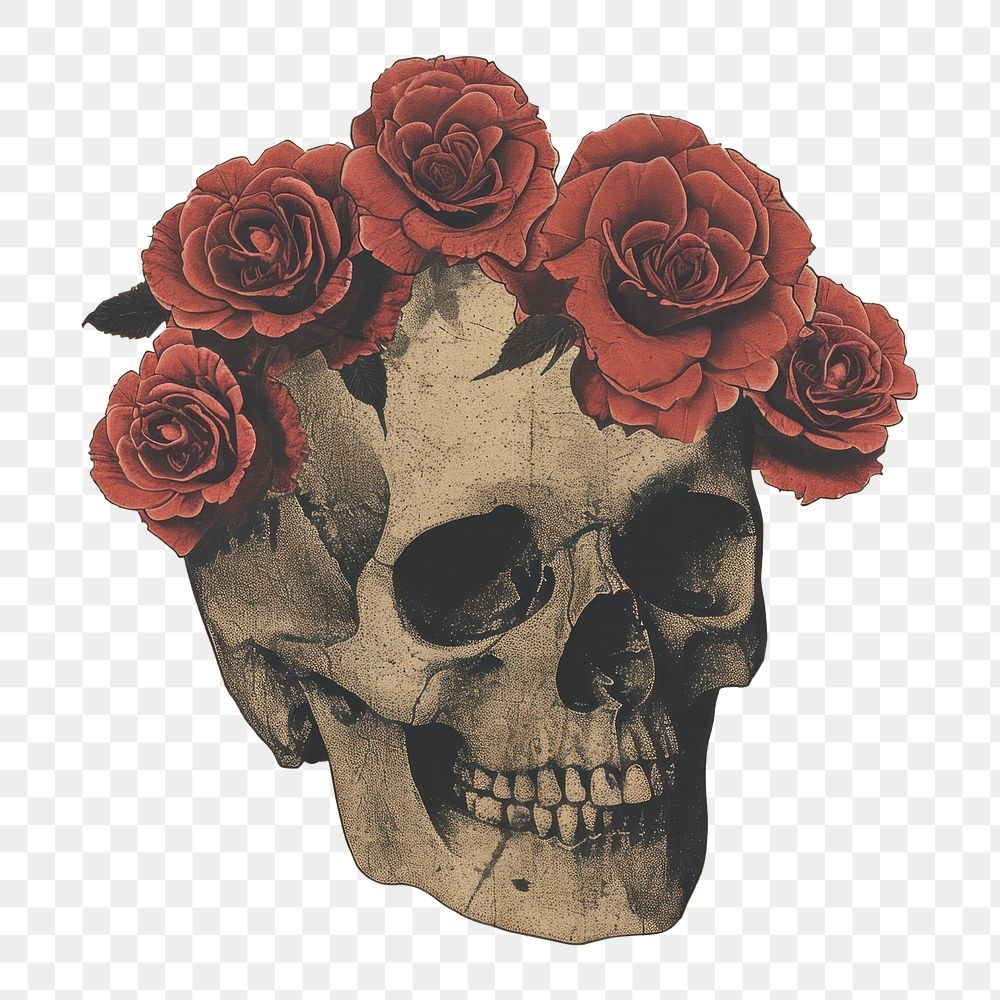 PNG Skull adorn with roses painting pattern flower.