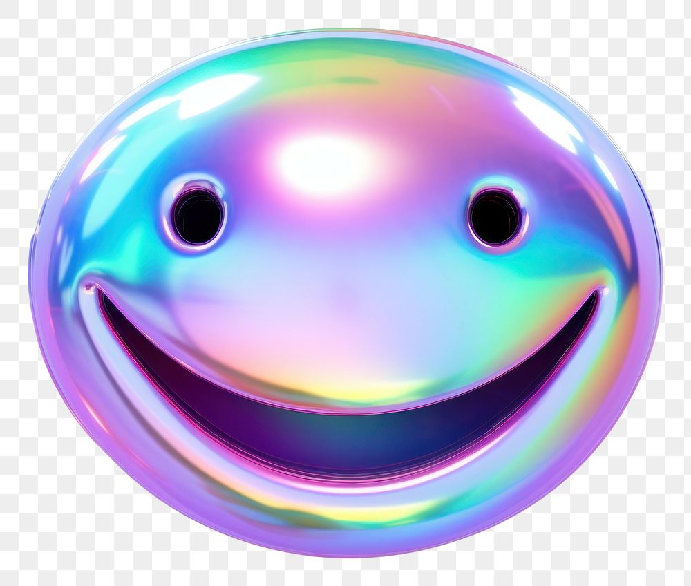 PNG  Emoji smile iridescent sphere purple white background.