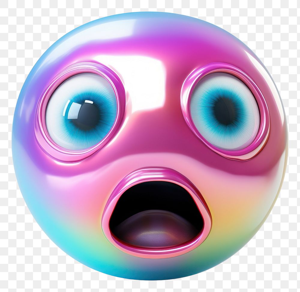 PNG  Surprised emoji iridescent sphere ball white background.