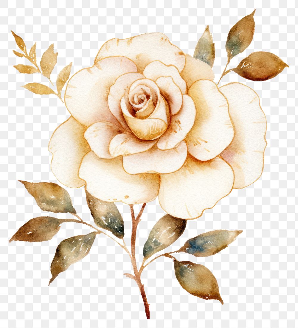 PNG  Watercolor flower with gold glitter outline sketch line stroke pattern plant rose.