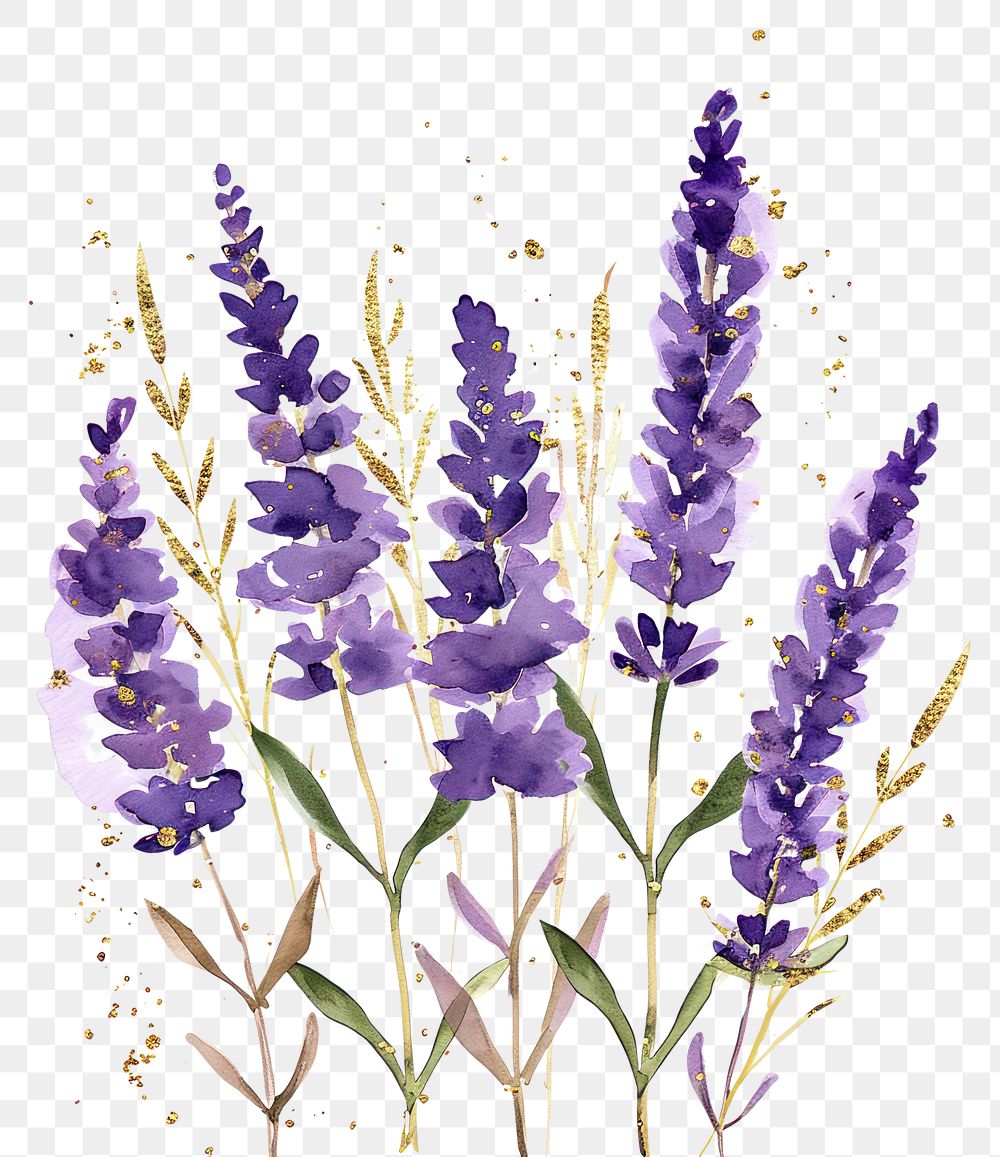 PNG  Watercolor purple lavender painting with gold glitter outline sketch blossom flower plant.