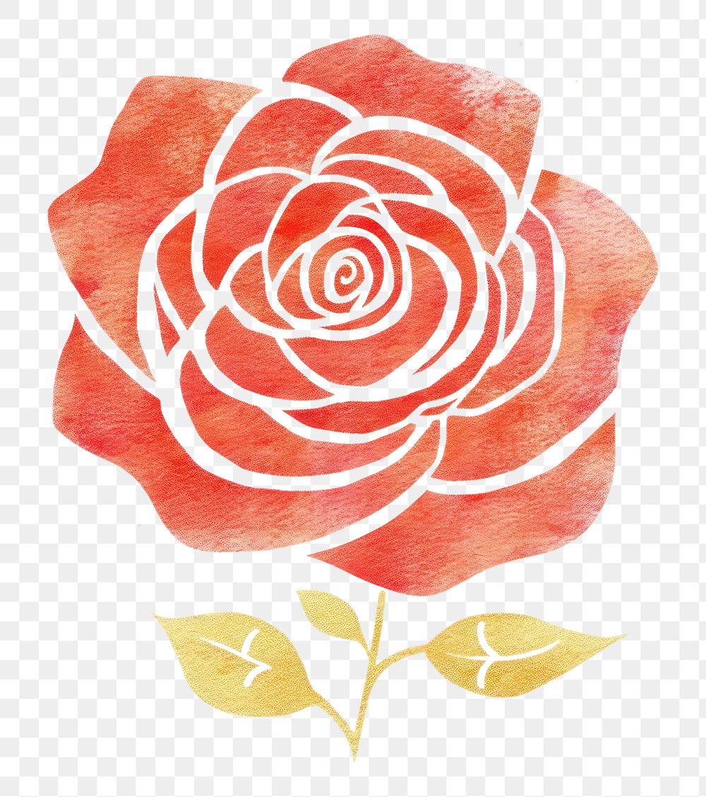 PNG  Watercolor red rose with thin gold glitter sketch line stroke flower plant art.