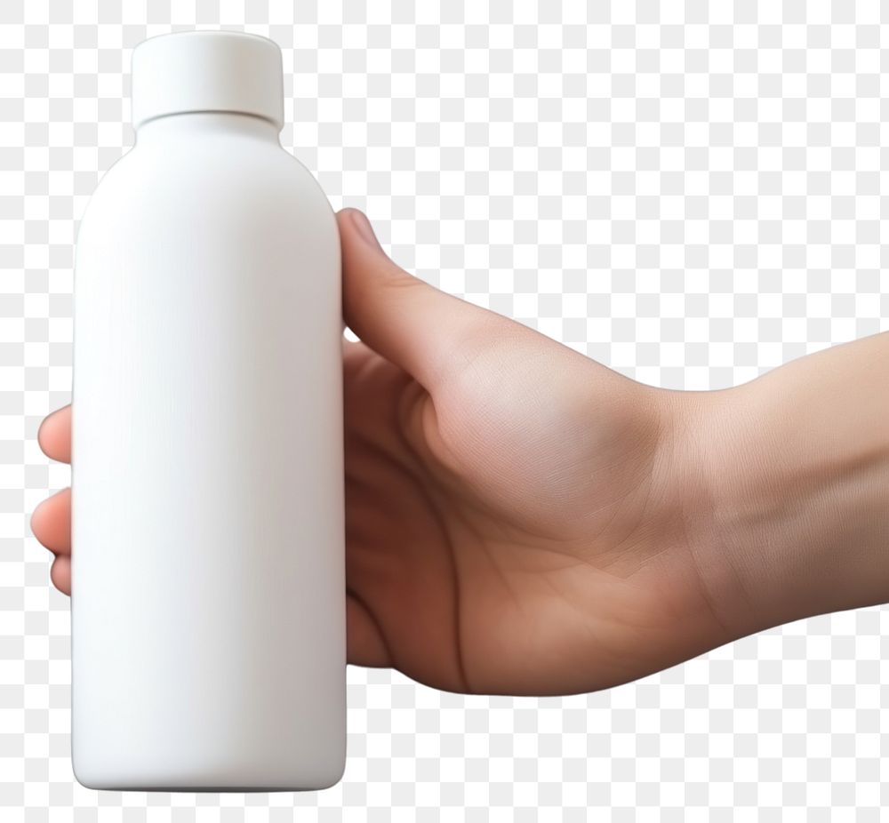 PNG Cosmetic bottle mockup holding hand refreshment.
