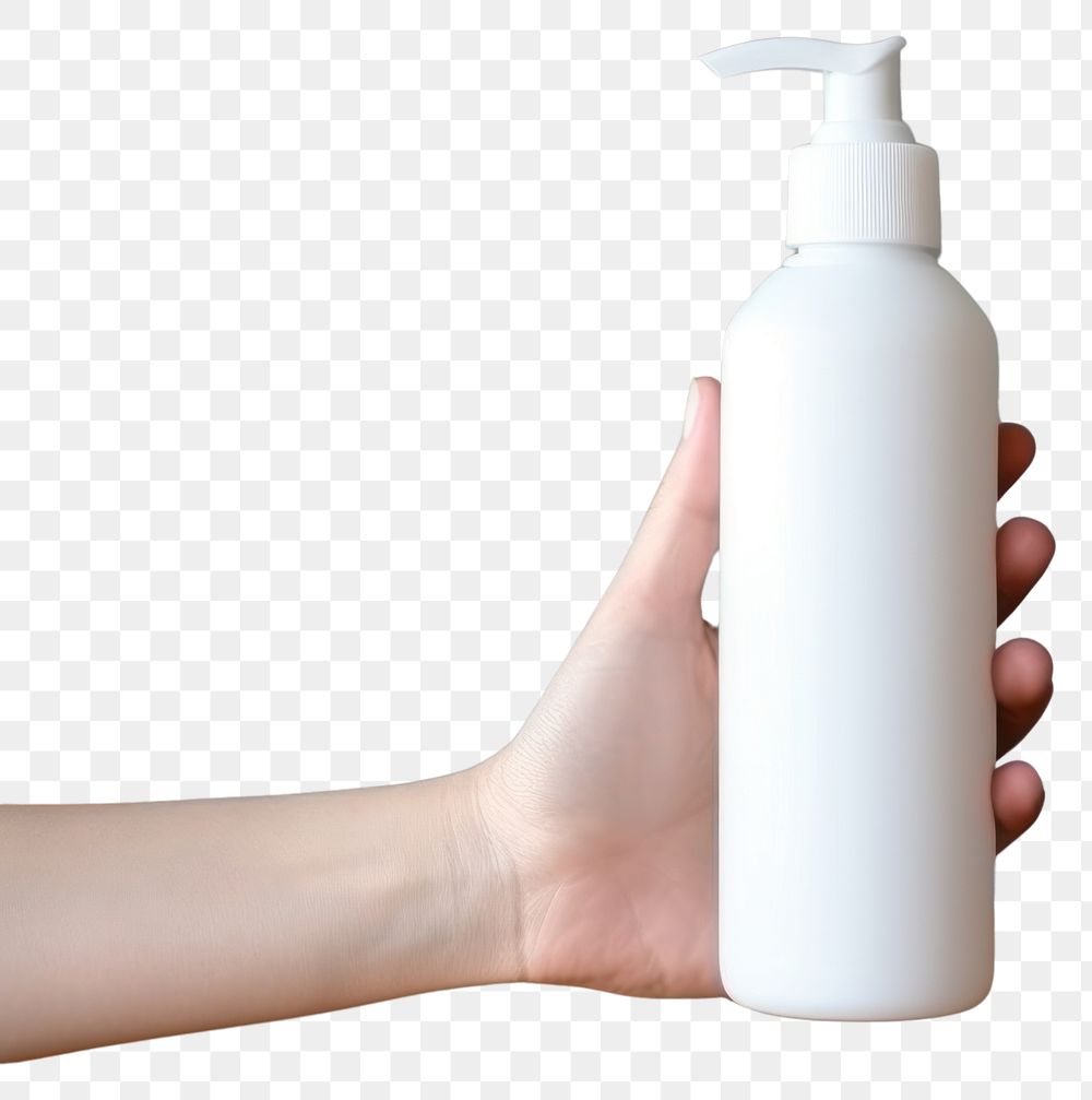 PNG Hand gel pump bottle mockup holding milk container.