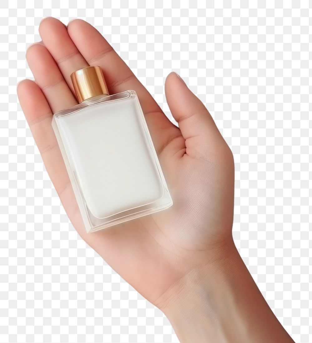 PNG Perfume bottle mockup cosmetics holding white.