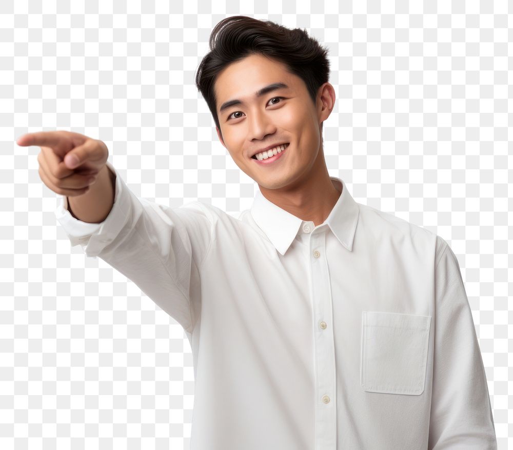 PNG  Asian man is pointing holding white background technology. AI generated Image by rawpixel.