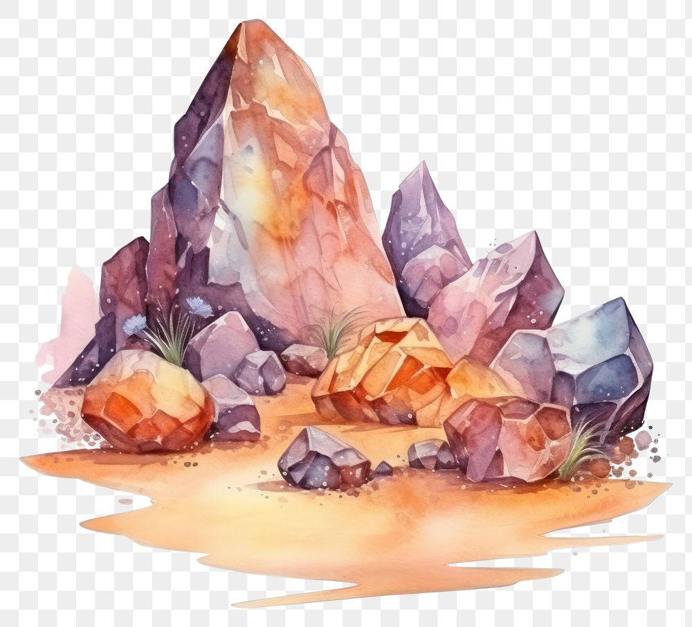 PNG  Desert in Watercolor style amethyst mineral white background.