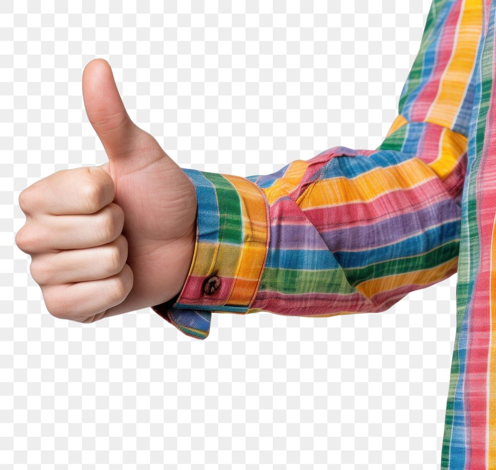 PNG Hand in colorful shirt showing thumb up finger white background gesturing.