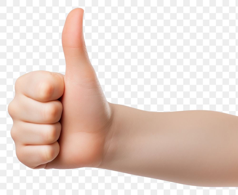 PNG Kid hand showing thumb up finger white background technology.