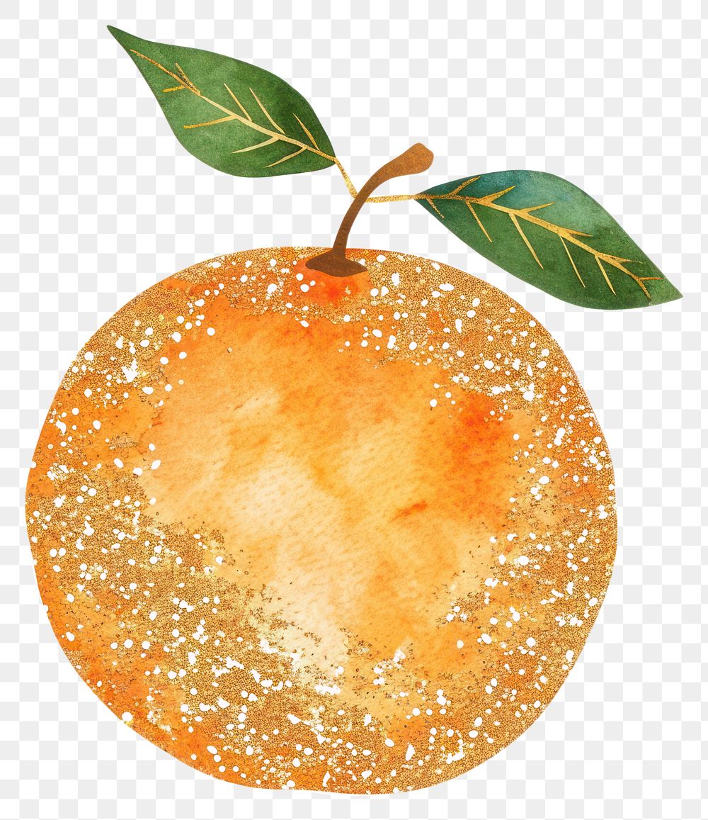 PNG  Gold glitter outline stroke orange fruit with orange watercolor plant food leaf.