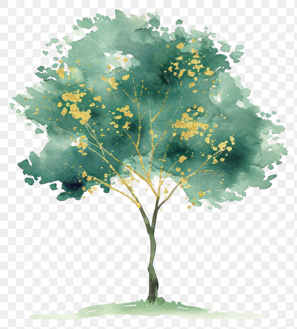 PNG  Green watercolor with gold glitter outline stroke tree plant outdoors painting.