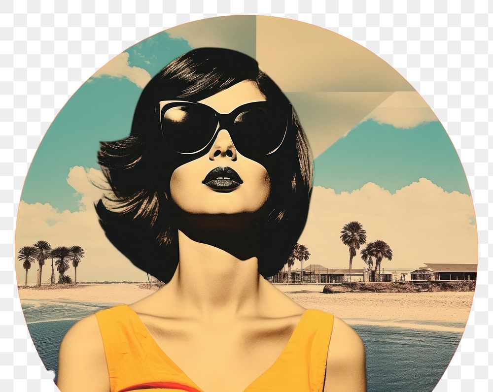 PNG Collage Retro dreamy beach art sunglasses portrait.