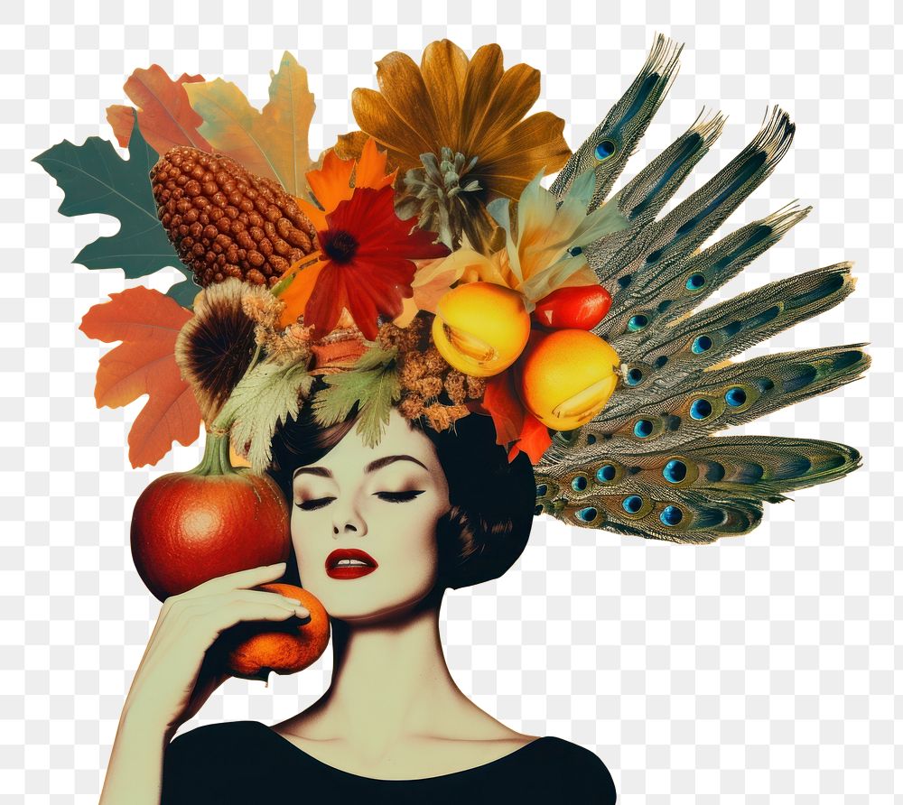 PNG Collage Retro dreamy thanksgiving portrait painting fruit.