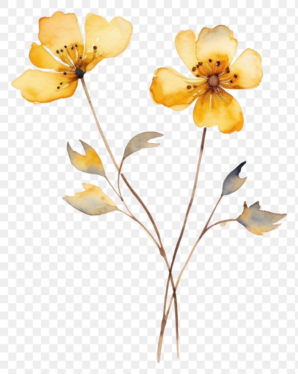 PNG  Flowers watercolors painted and golden outline of the opened blossom petal plant.