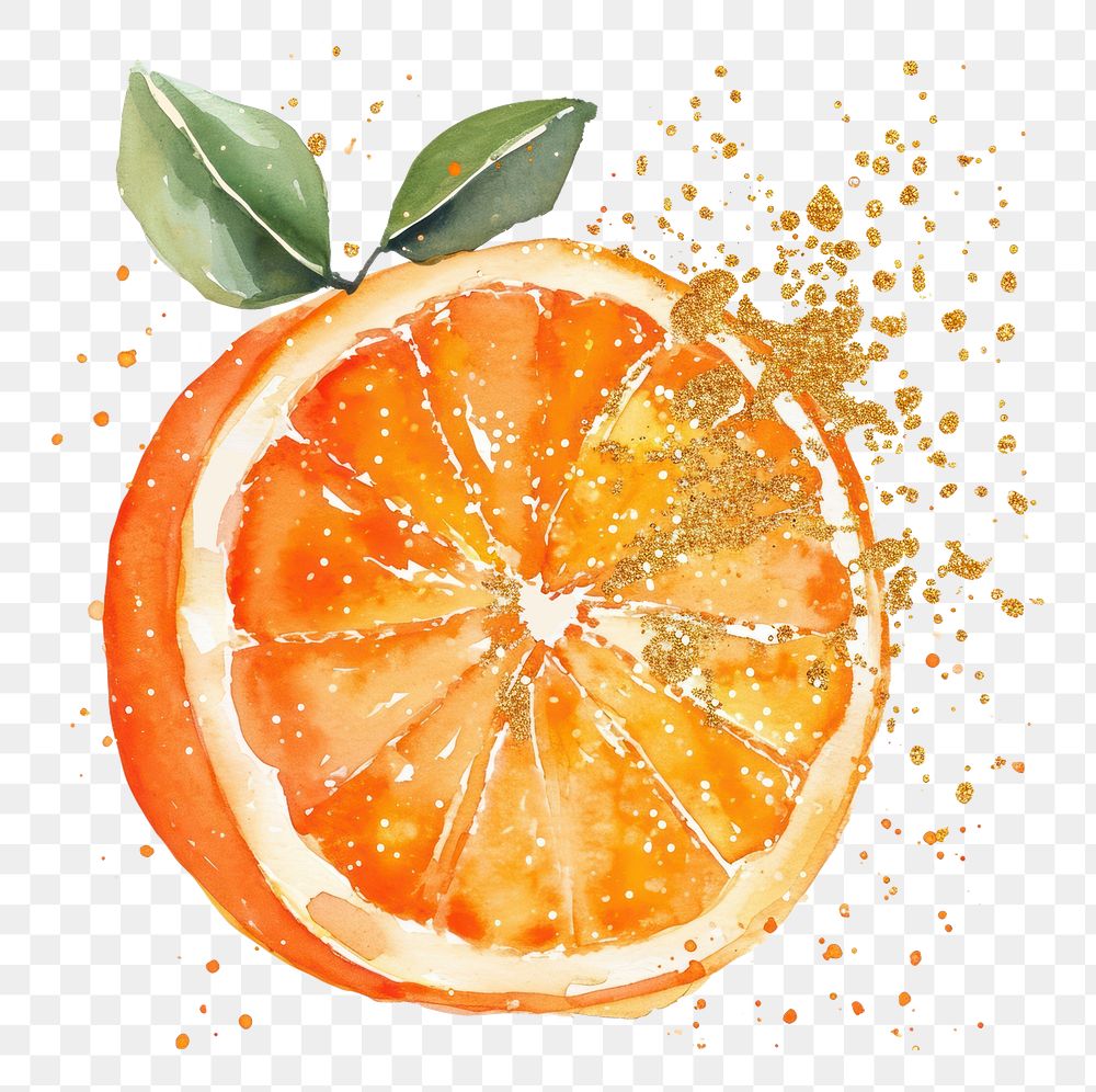PNG  Orange watercolor with gold glitter outline stroke orange fruit grapefruit plant food.