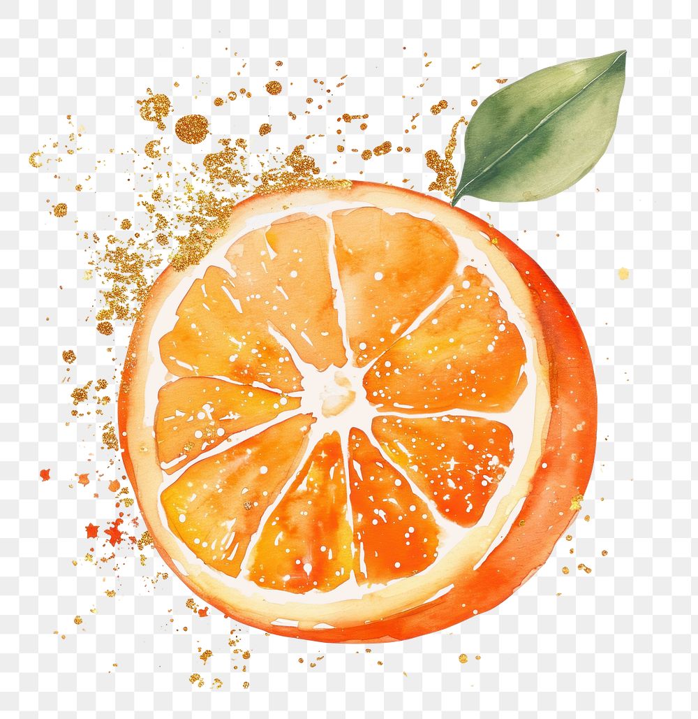 PNG  Orange watercolor with gold glitter outline stroke orange fruit grapefruit plant food.