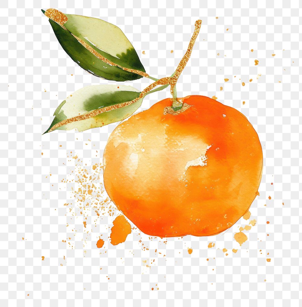 PNG  Orange watercolor with gold glitter outline stroke orange fruit plant food leaf.