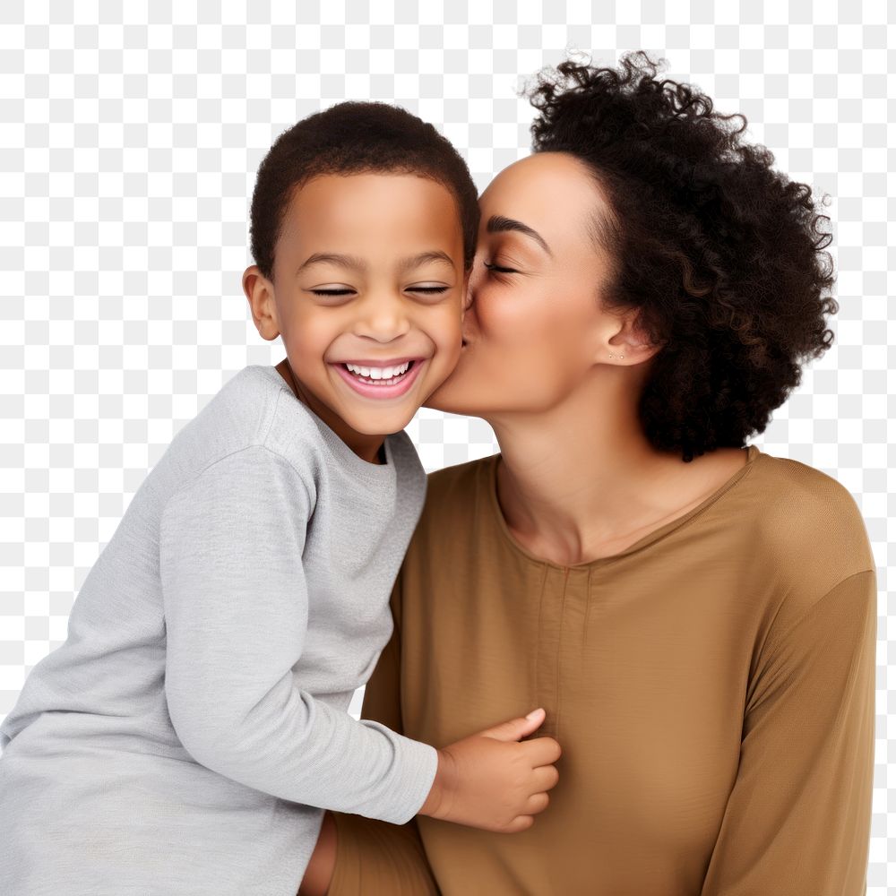 PNG Mom kissing and hugging funny black son face photography portrait child.