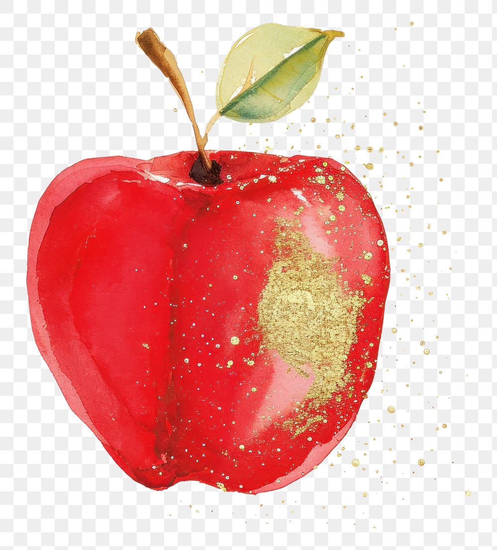 PNG  Red watercolor with gold glitter outline stroke apple fruit plant food.