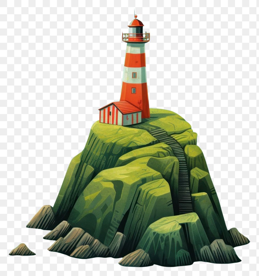 PNG  Lighthouse on a green rocky island architecture outdoors nature. AI generated Image by rawpixel.