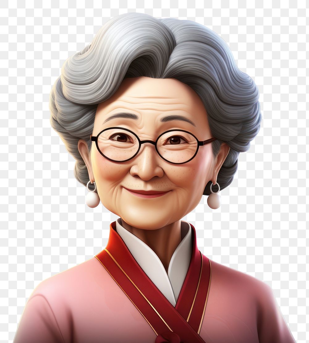 PNG 3d cartoon realistic middle aged korean woman portrait glasses adult.