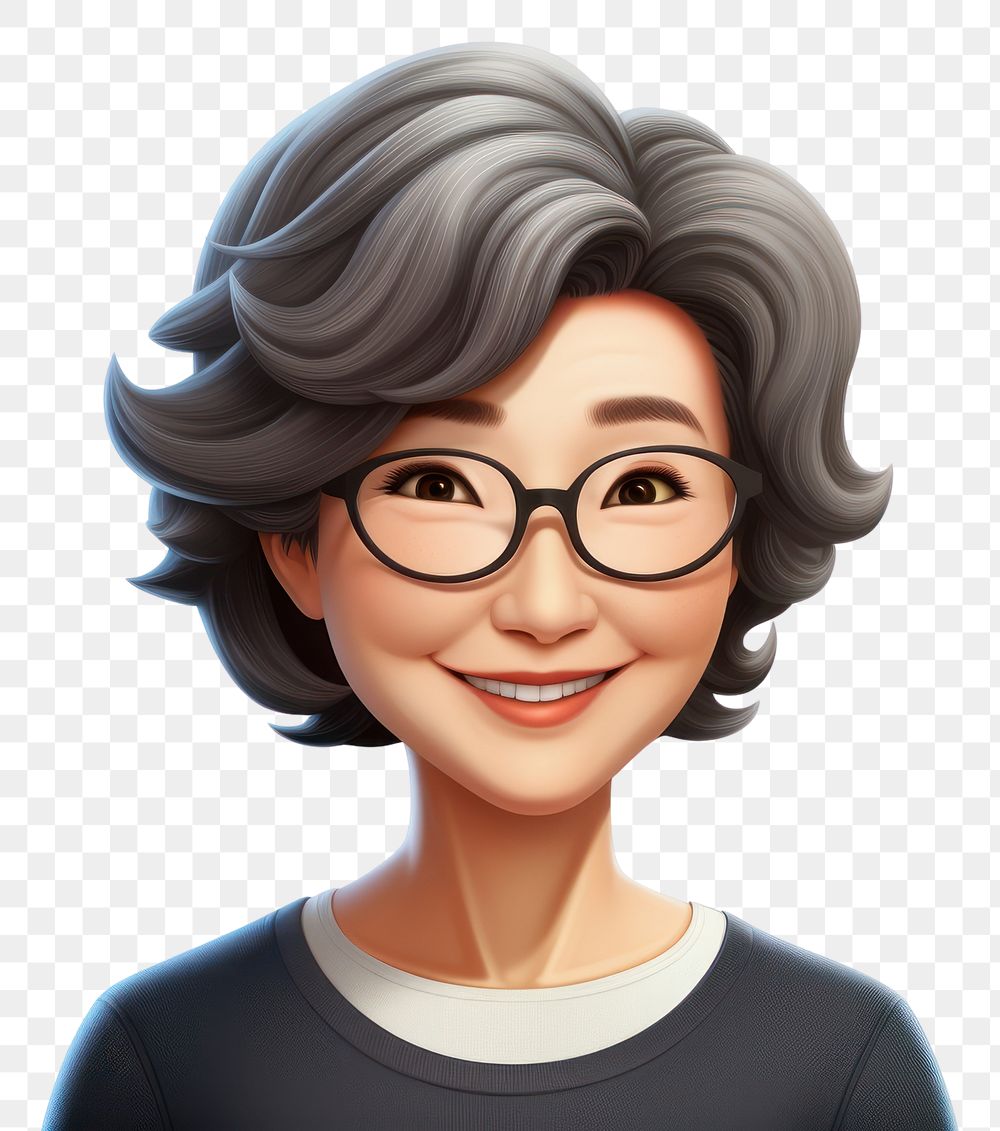 PNG 3d cartoon realistic middle aged korean woman portrait glasses adult.