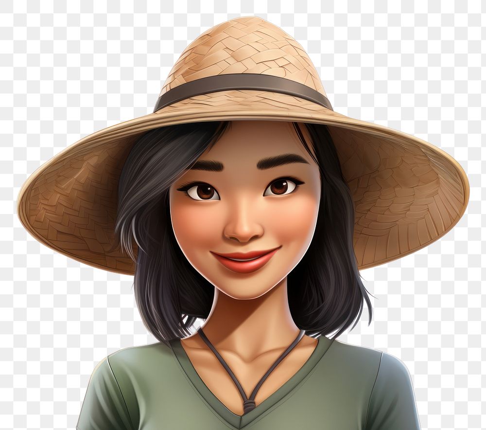 PNG Asian woman 3d cartoon realistic wearing farming hat adult hairstyle happiness.