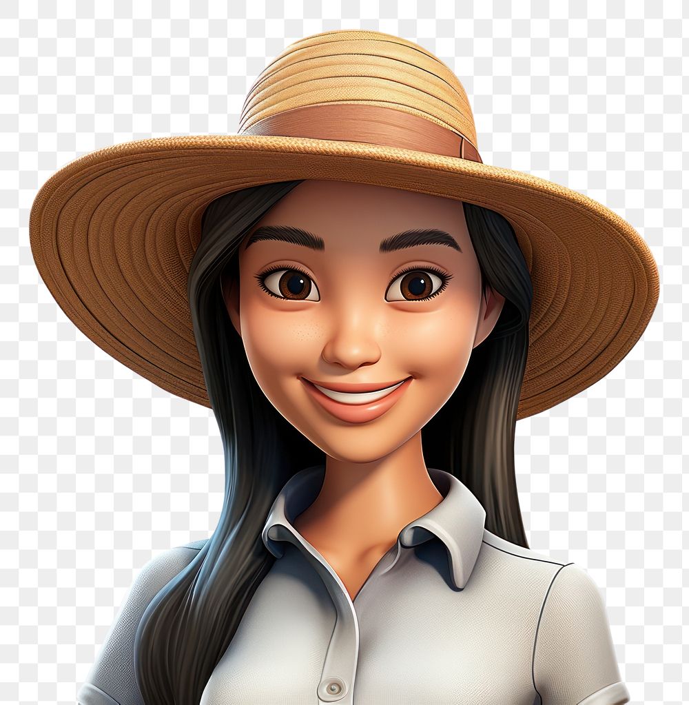 PNG Asian woman 3d cartoon realistic wearing farming hat adult hairstyle happiness.