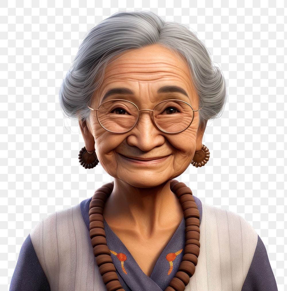 PNG Elderly filipina woman 3d cartoon realistic necklace portrait adult.