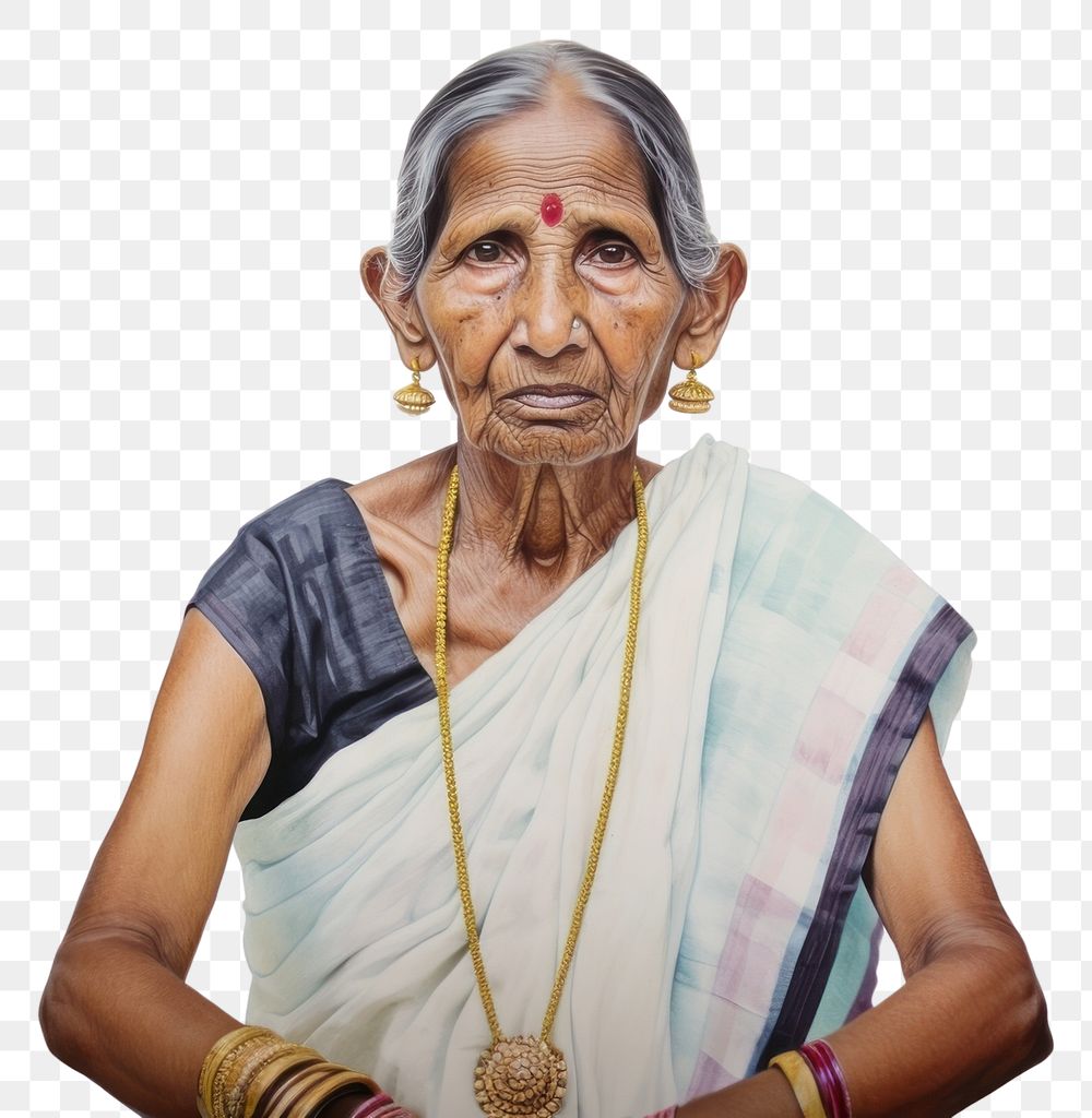 PNG Elderly indian woman watercolor necklace jewelry accessories.