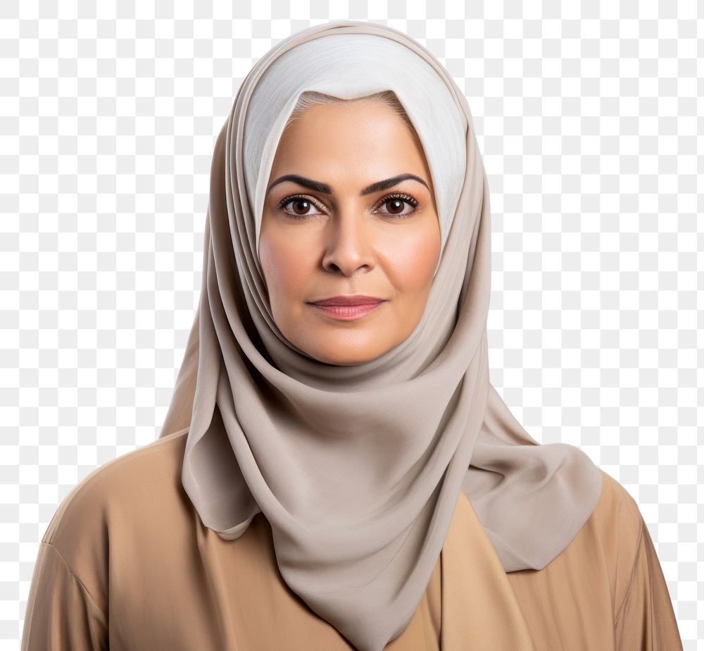 PNG Emirati middle aged woman portrait scarf white background.