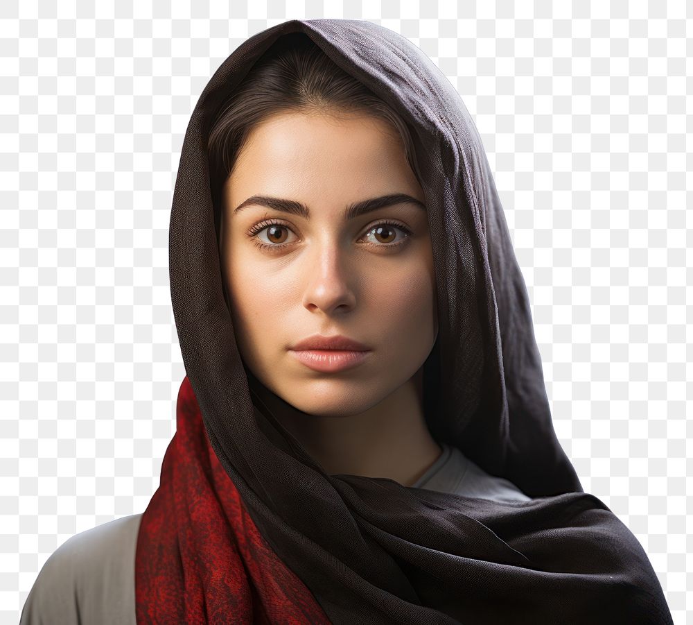 PNG Iranian woman portrait scarf white background.
