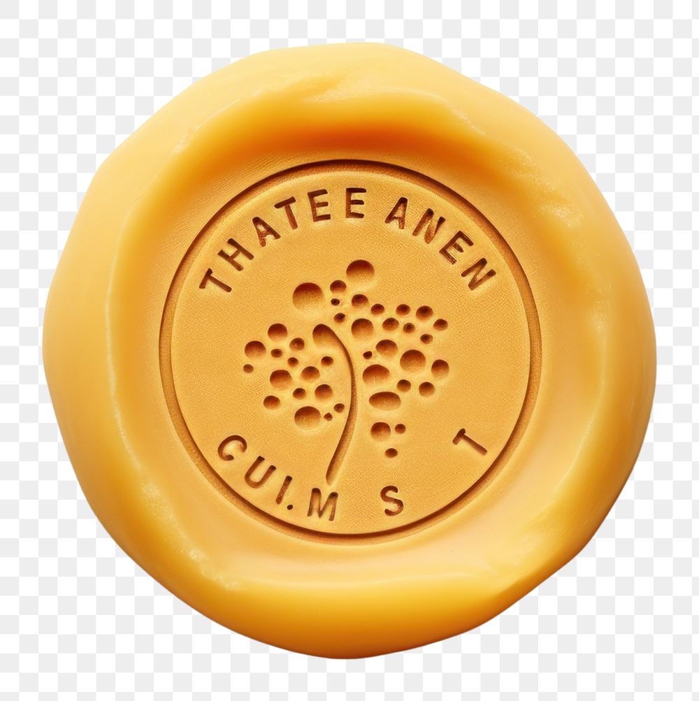 PNG  Cheese piece Seal Wax Stamp text white background circle.