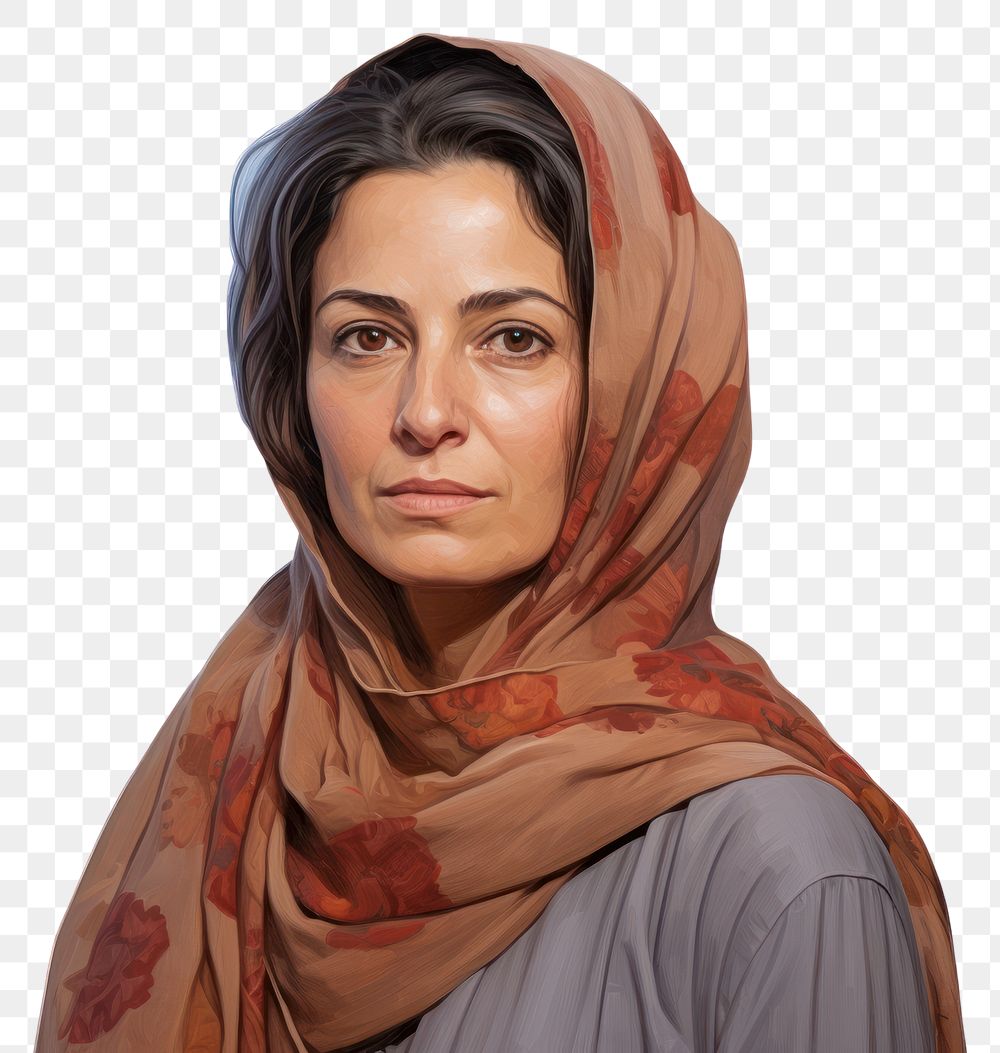 PNG Middle aged iranian woman portrait scarf white background.