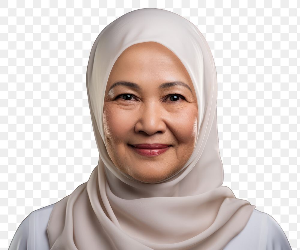 PNG Middle aged malaysian woman adult smile headscarf.