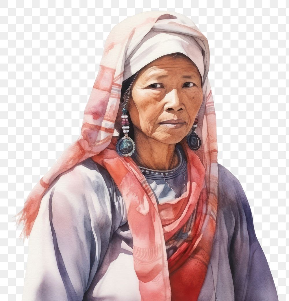 PNG Middleaged thai woman watercolor portrait adult white background.