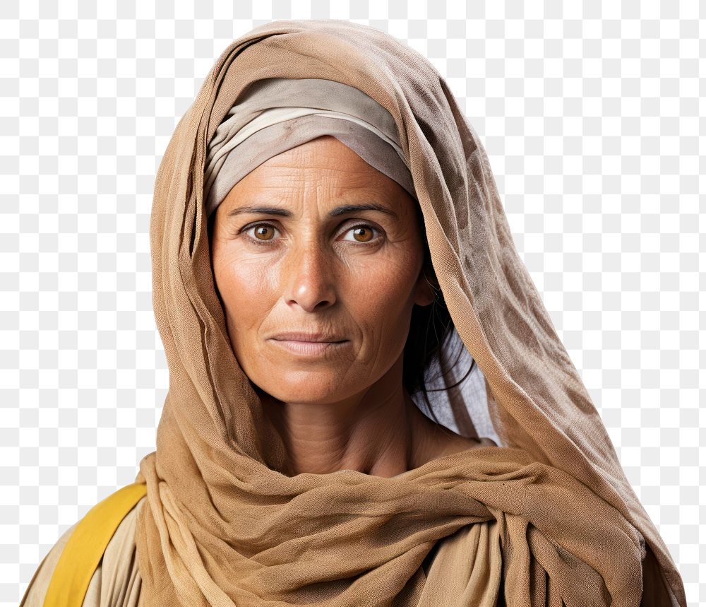 PNG Oman woman middleaged portrait scarf white background.