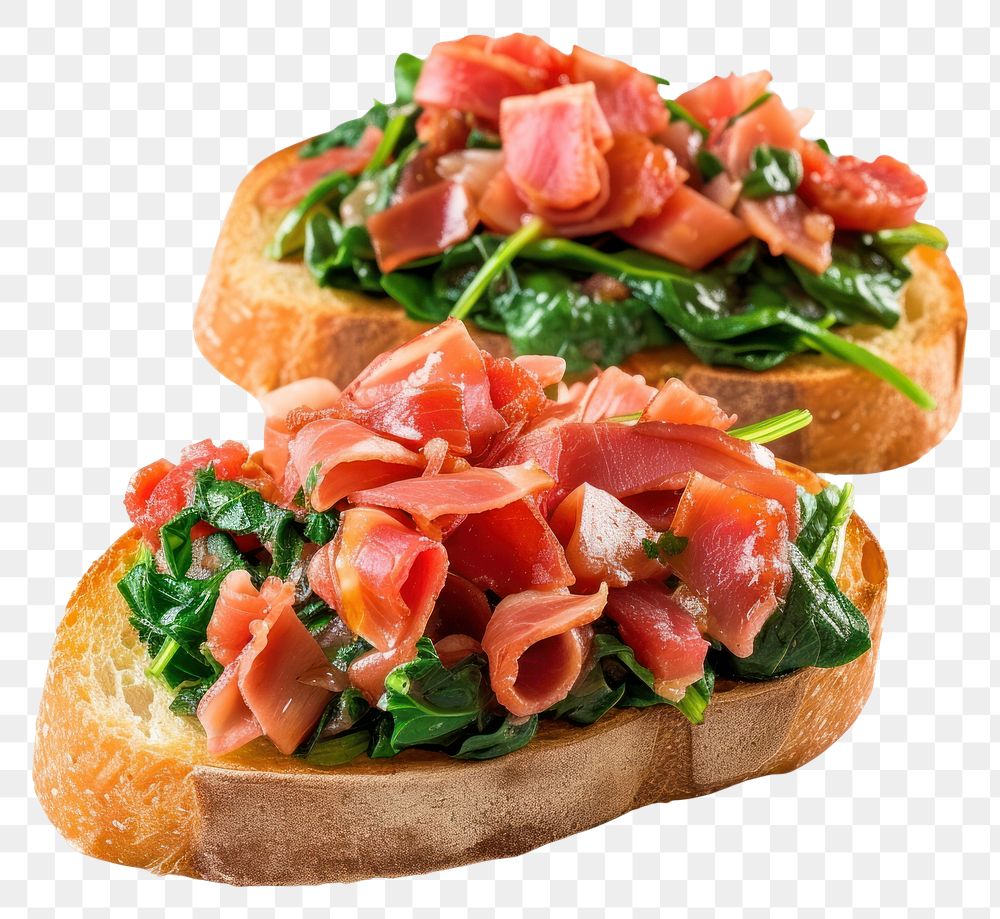PNG Tasty jamon bruschetta with spinach vegetable bread food.
