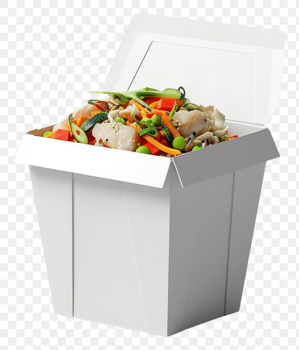 PNG Takeaway food container box mockup with vegetable and blank label mockup packaging meal gray background freshness.