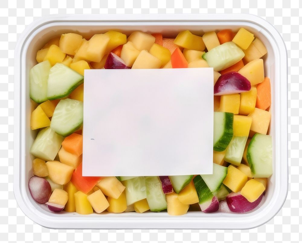 PNG Takeaway food container box mockup with vegetable and blank label mockup packaging lunch meal dish.