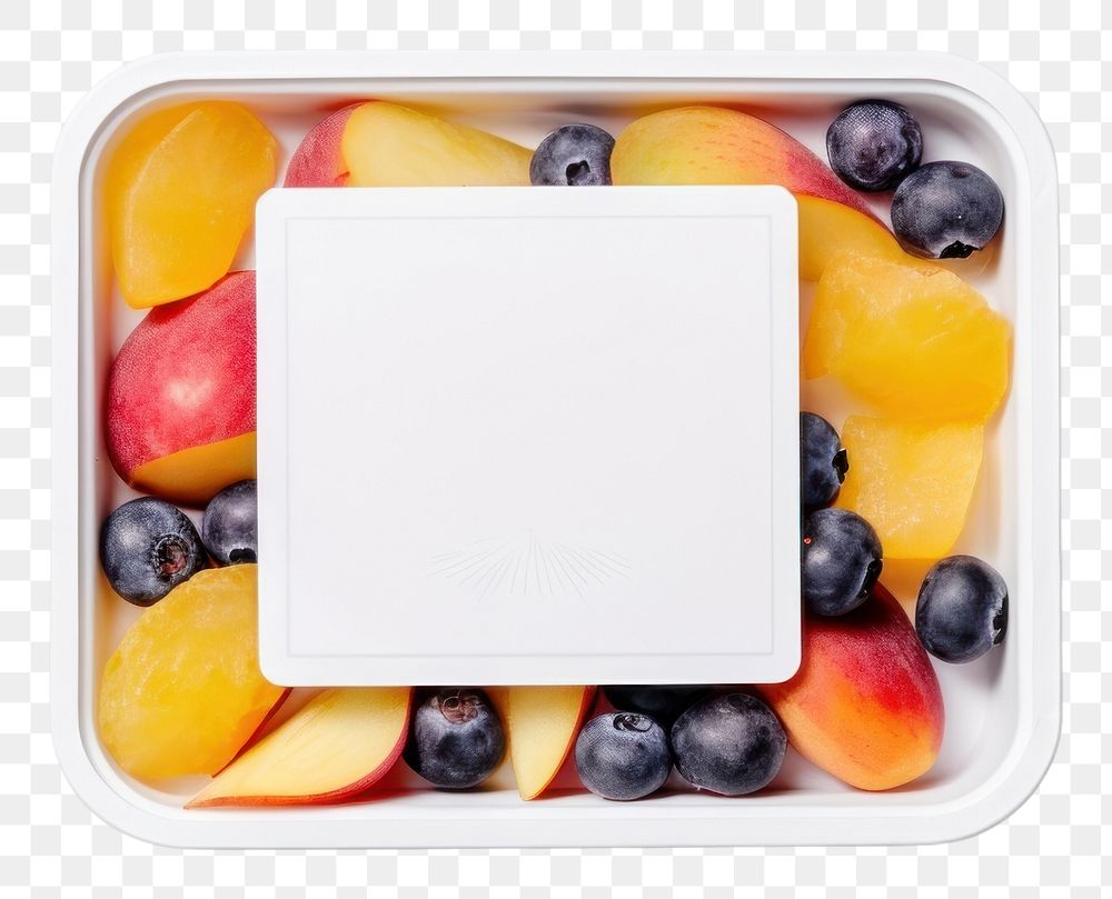 PNG Takeaway food container box mockup with fruits and blank label mockup packaging blueberry meal medication.