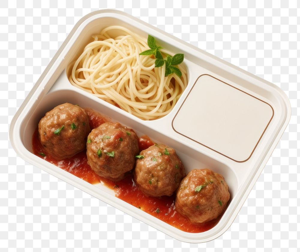 PNG Takeaway food container box mockup with Spaghetti And Meatballs and blank label mockup packaging meatball spaghetti…