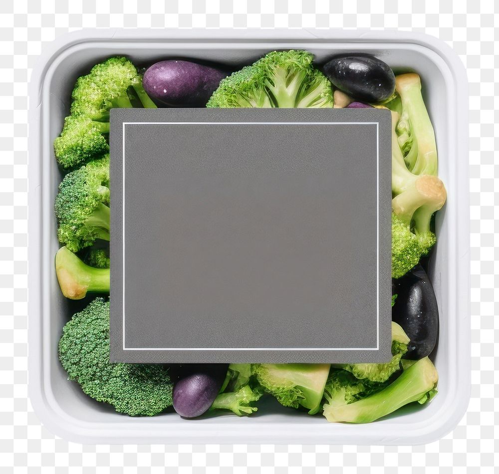 PNG Takeaway food container box mockup with vegetable and blank label mockup packaging broccoli lunch plant.