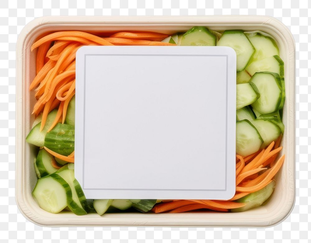 PNG Takeaway food container box mockup with vegetable and blank label mockup packaging lunch meal dish.