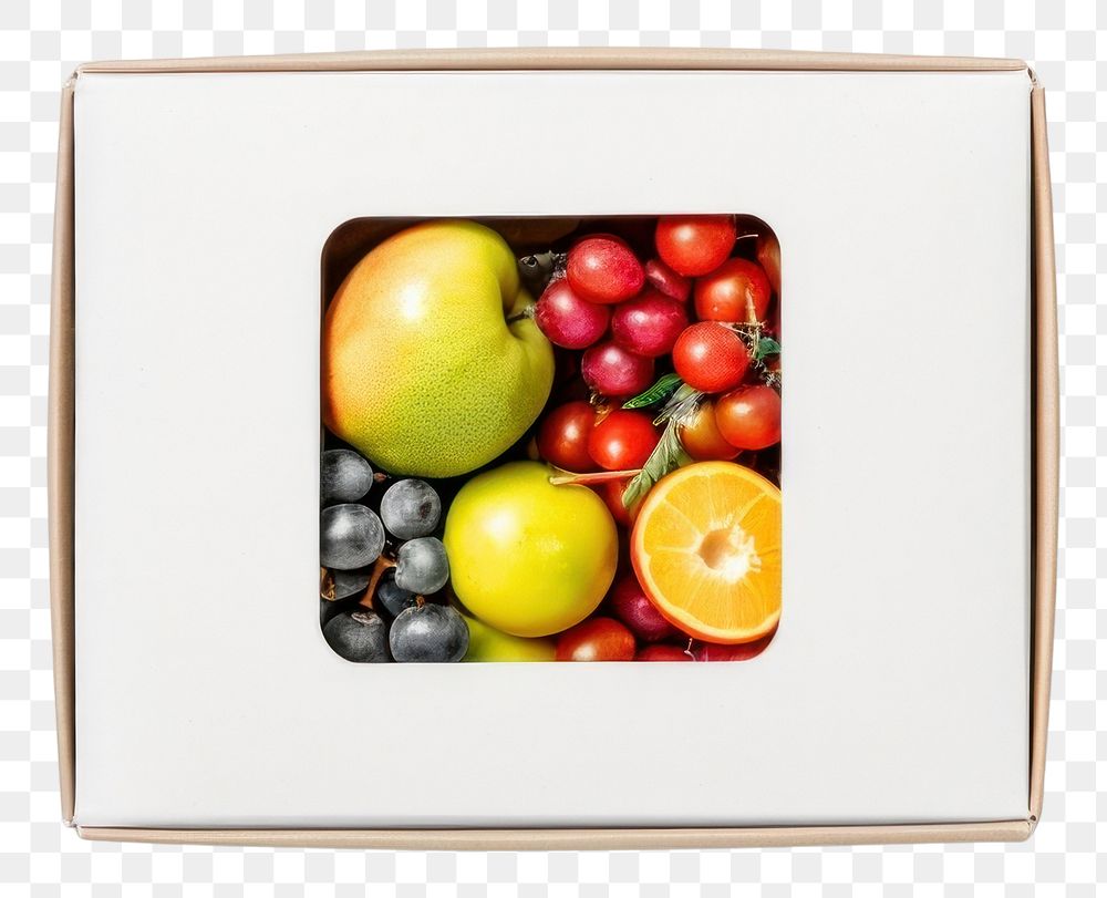 PNG Takeaway food container box mockup with fruits and blank label mockup packaging apple plant gray background.