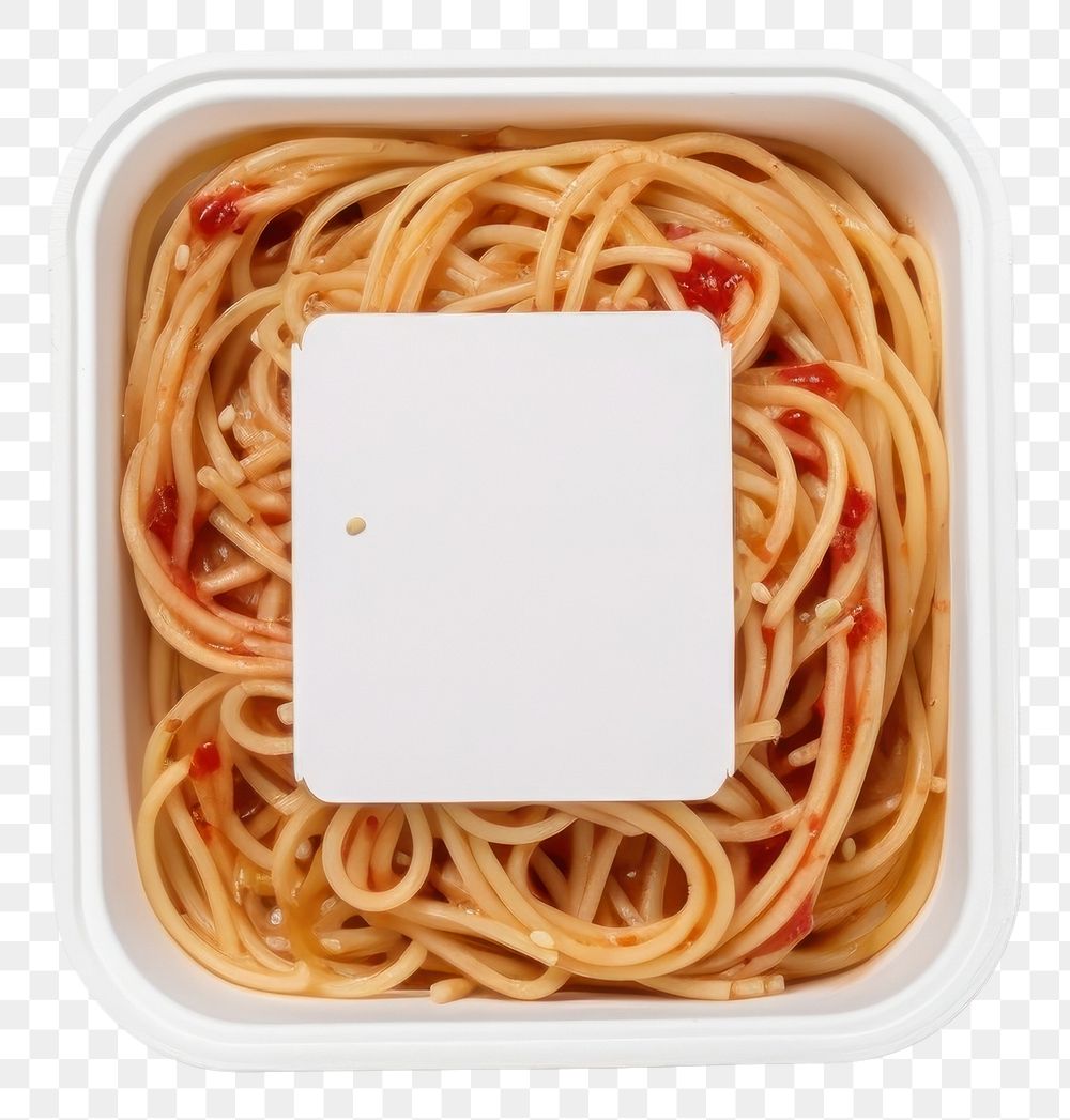 PNG Takeaway food container box mockup with Spaghetti with sauce and blank label mockup packaging spaghetti noodle pasta.